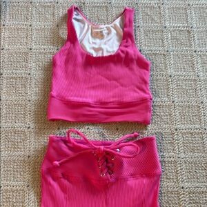 Year of Ours Pink Ribbed Football Leggings and Ribbed Bra Set